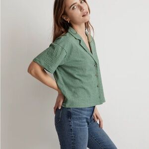 Madewell Crinkle-Knit Button-Front Green Short Sleeve Women's Top